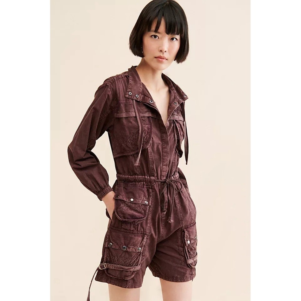 Free People Women's Moon Bay Parachute Cargo Romper Mineral Wash Brown Sz M